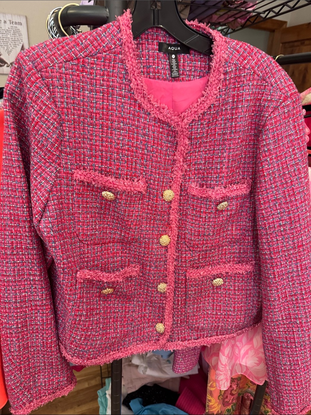 Aqua Bright Pink Tweed Blazer with Gold-Tone Buttons